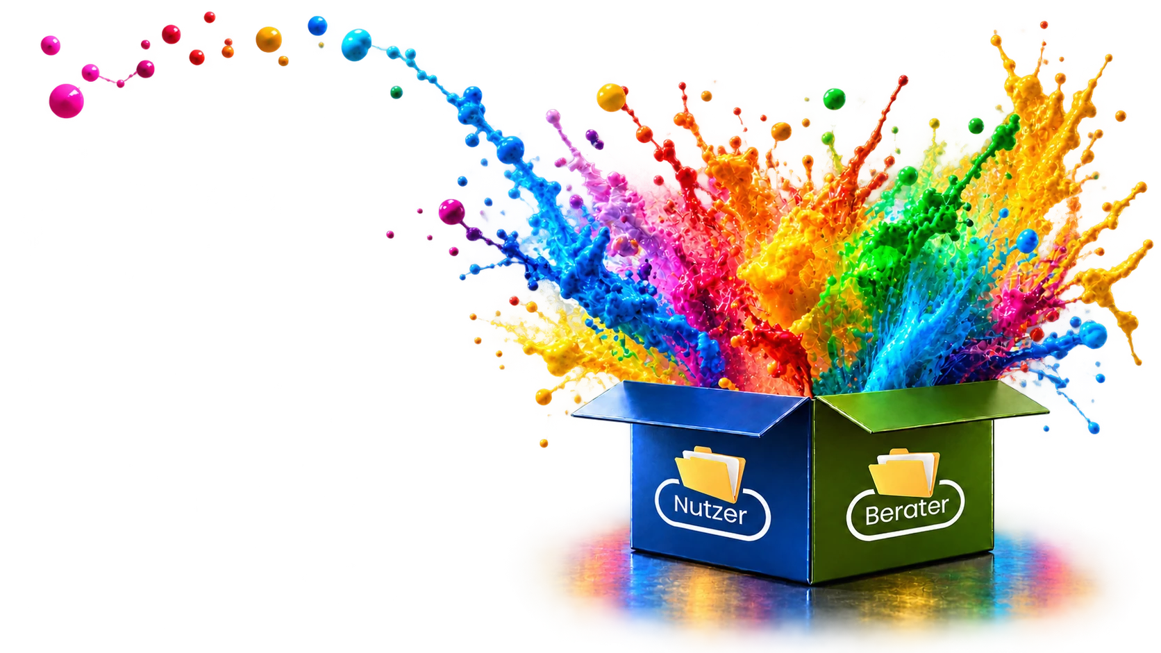 PurSecur: eine offene Box mit blauer Nutzerseite, grüner Beraterseite und leuchtenden bunten Farben.