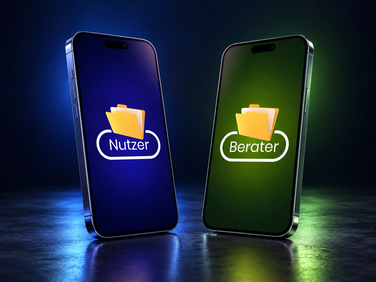Zwei Handys mit PurSecur-Logos: blau für Nutzer, grün für Berater.